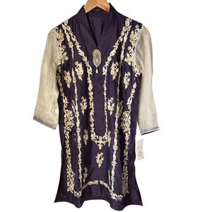 Agha Noor Embroidered Kurti Deep Purple & Gold Ethnic Festive Wear Large‎ NWT